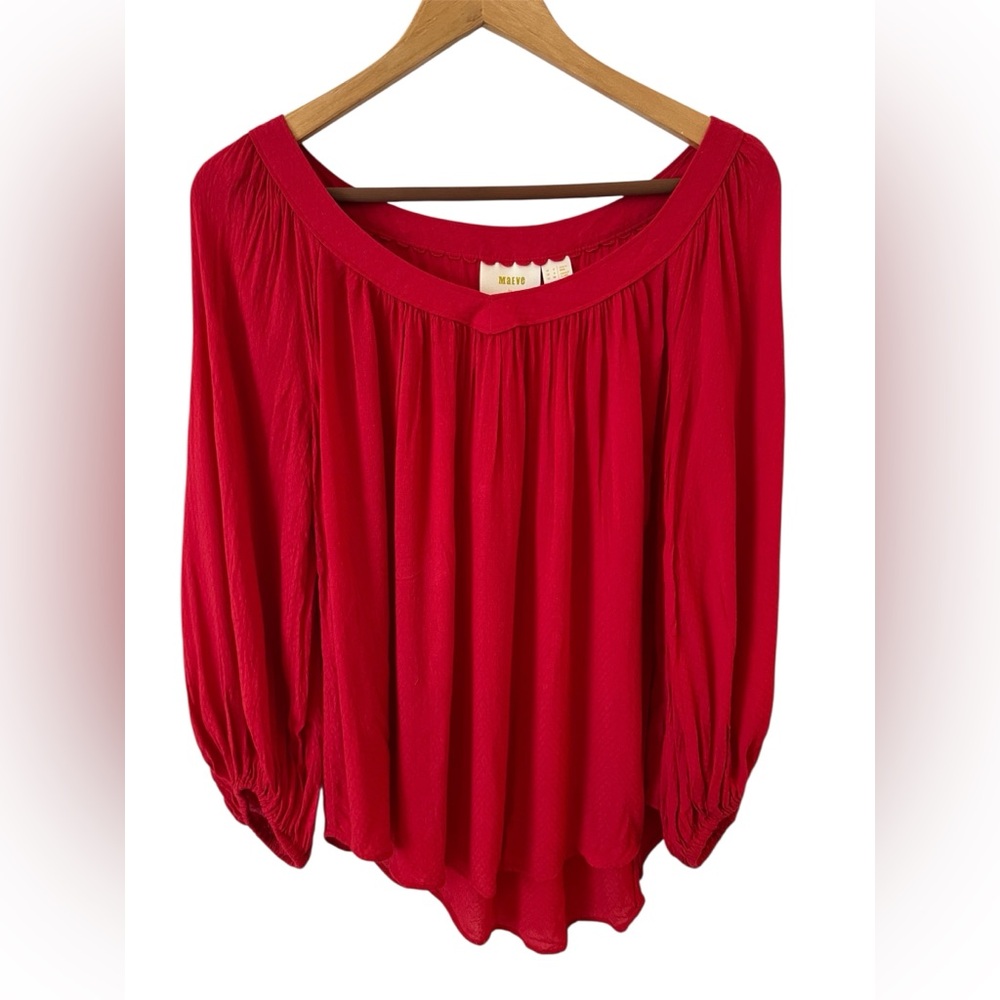Anthropologie Maeve red Smocked Peasant Blouse Top Women Size 4 Preppy